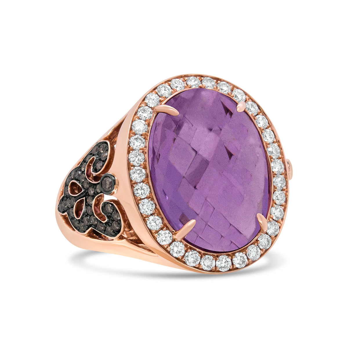 18K Rose Gold 18x13 MM Oval Cut Purplse Amethyst and 1.00 Cttw Diamond Cocktail Ring (Champagne and F-G Color, VS1-VS2 Clarity) - Ring Size 6.5 - LinkagejewelrydesignLinkagejewelrydesign