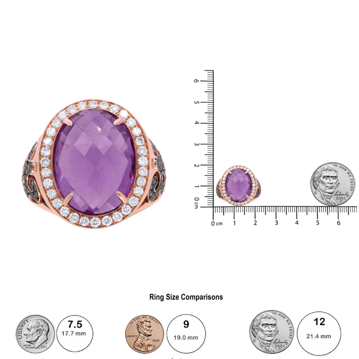 18K Rose Gold 18x13 MM Oval Cut Purplse Amethyst and 1.00 Cttw Diamond Cocktail Ring (Champagne and F-G Color, VS1-VS2 Clarity) - Ring Size 6.5 - LinkagejewelrydesignLinkagejewelrydesign