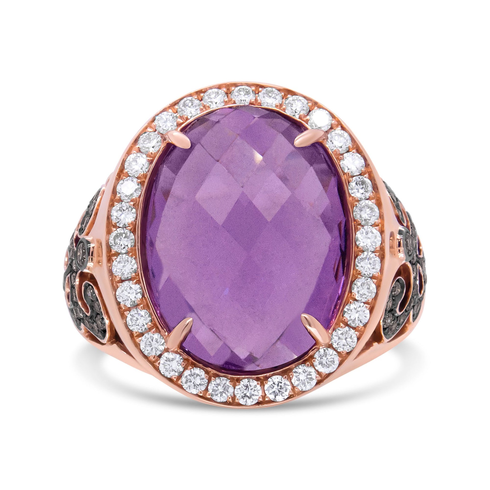 18K Rose Gold 18x13 MM Oval Cut Purplse Amethyst and 1.00 Cttw Diamond Cocktail Ring (Champagne and F-G Color, VS1-VS2 Clarity) - Ring Size 6.5 - LinkagejewelrydesignLinkagejewelrydesign