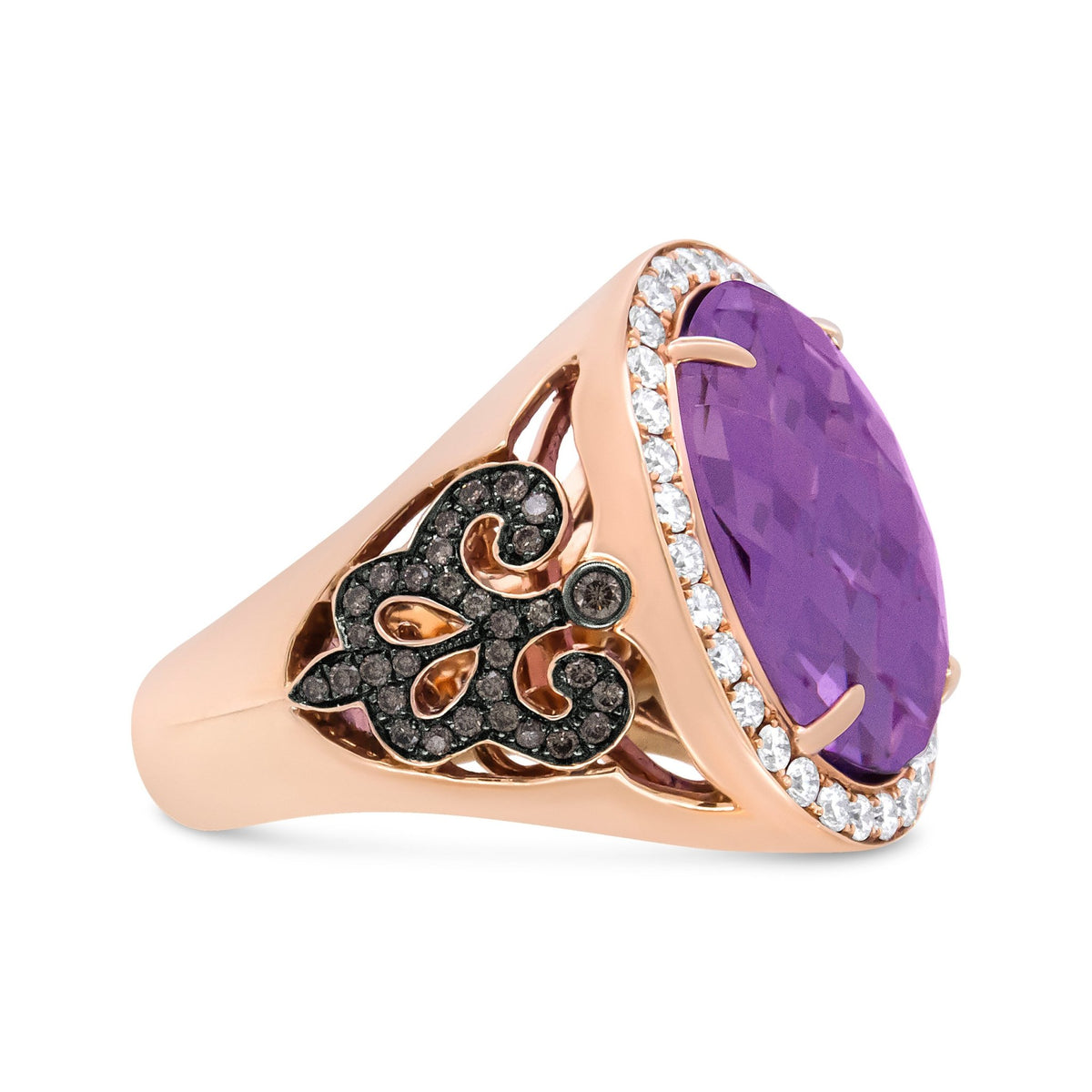 18K Rose Gold 18x13 MM Oval Cut Purplse Amethyst and 1.00 Cttw Diamond Cocktail Ring (Champagne and F-G Color, VS1-VS2 Clarity) - Ring Size 6.5 - LinkagejewelrydesignLinkagejewelrydesign