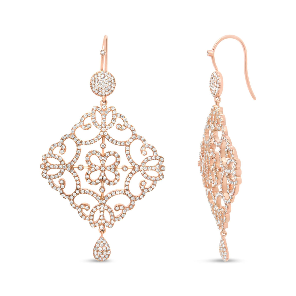 18K Rose Gold 3 1/4 Cttw Round Diamond Openwork Filigree Dangle Earring (H-I Color, SI1-SI2 Clarity) - LinkagejewelrydesignLinkagejewelrydesign