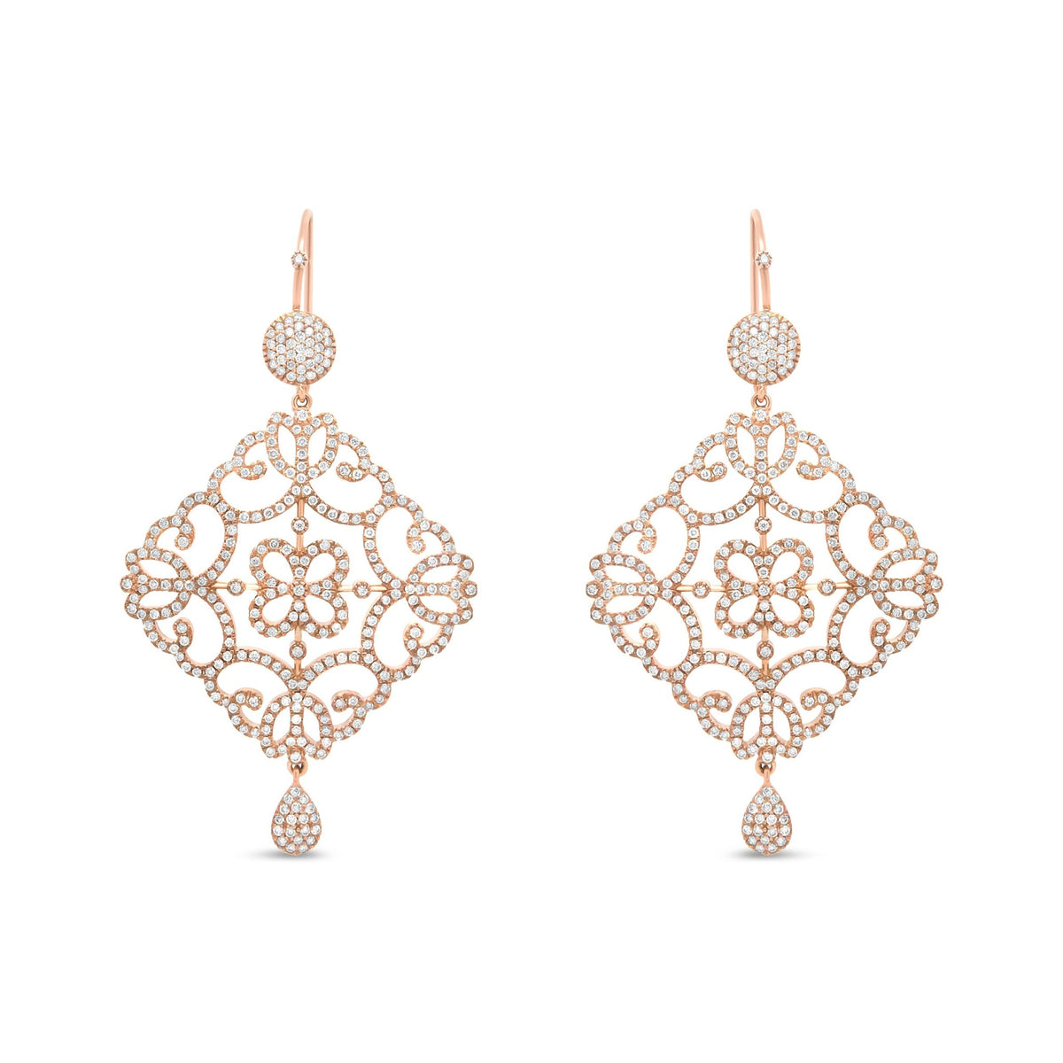 18K Rose Gold 3 1/4 Cttw Round Diamond Openwork Filigree Dangle Earring (H-I Color, SI1-SI2 Clarity) - LinkagejewelrydesignLinkagejewelrydesign