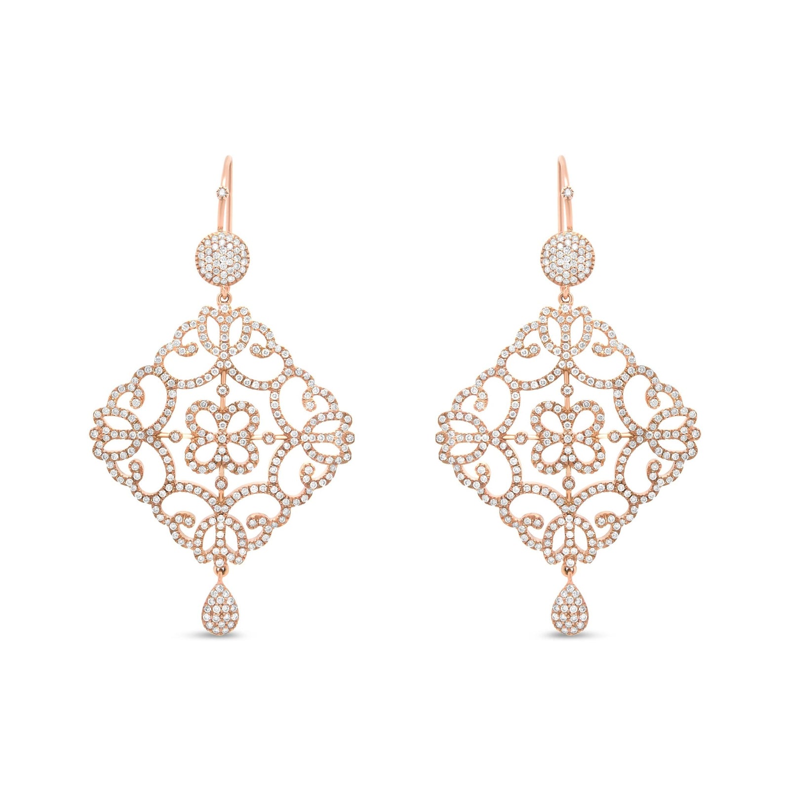 18K Rose Gold 3 1/4 Cttw Round Diamond Openwork Filigree Dangle Earring (H-I Color, SI1-SI2 Clarity) - LinkagejewelrydesignLinkagejewelrydesign