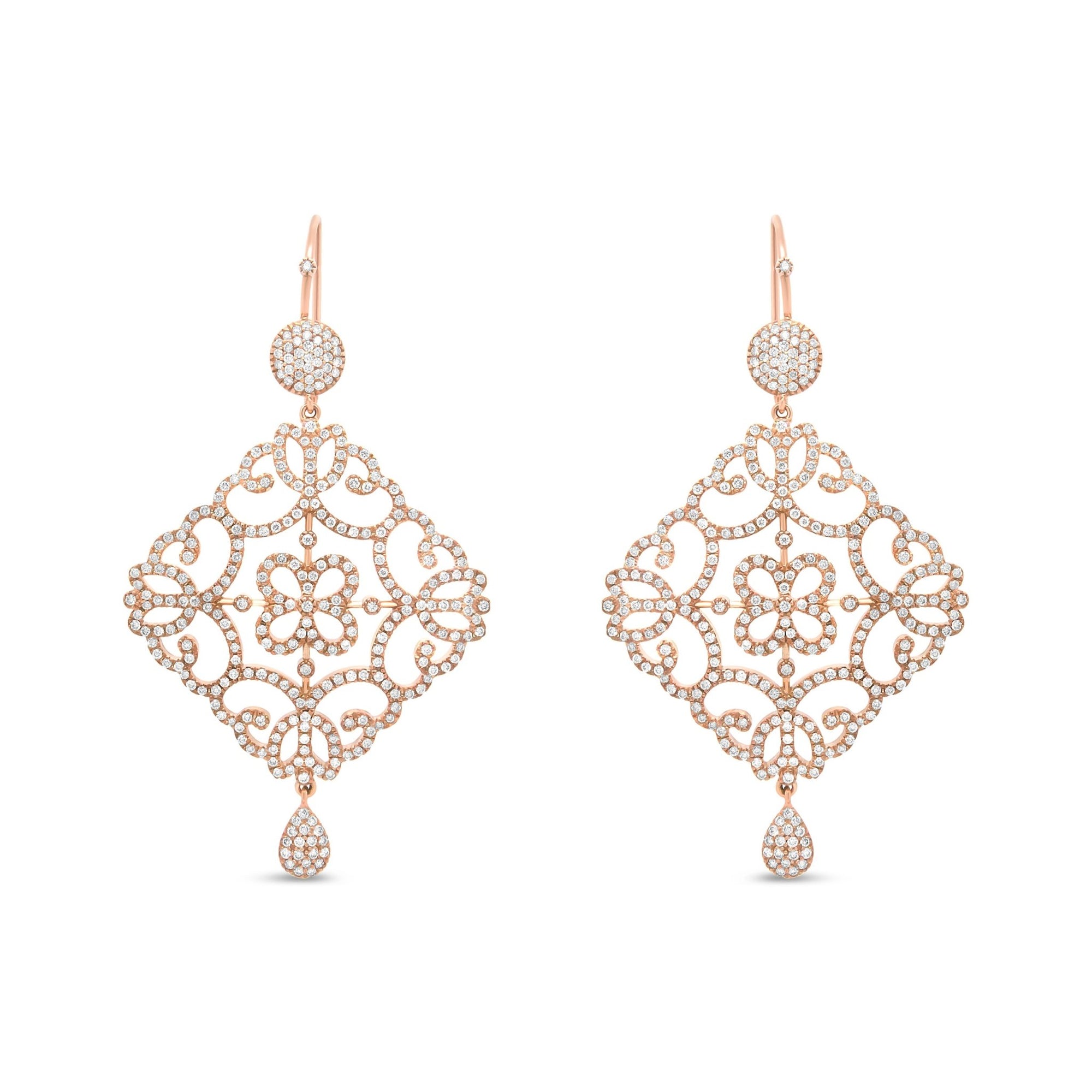 18K Rose Gold 3 1/4 Cttw Round Diamond Openwork Filigree Dangle Earring (H-I Color, SI1-SI2 Clarity) - LinkagejewelrydesignLinkagejewelrydesign