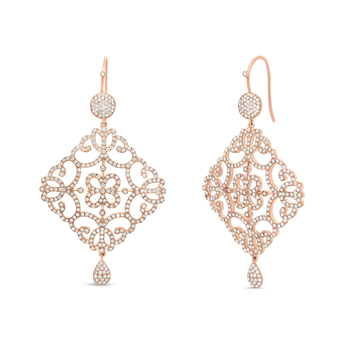 18K Rose Gold 3 1/4 Cttw Round Diamond Openwork Filigree Dangle Earring (H-I Color, SI1-SI2 Clarity) - LinkagejewelrydesignLinkagejewelrydesign
