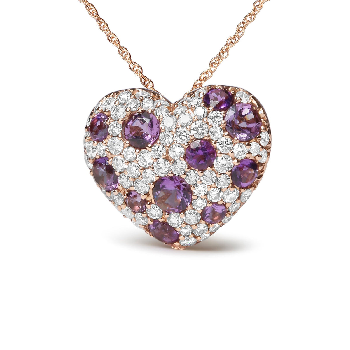 18K Rose Gold 3/4 Cttw Diamond and Purple Amethyst Cluster Heart Shape 18&quot; Pendant Necklace (G-H Color, SI1-SI2 Clarity) - LinkagejewelrydesignLinkagejewelrydesign