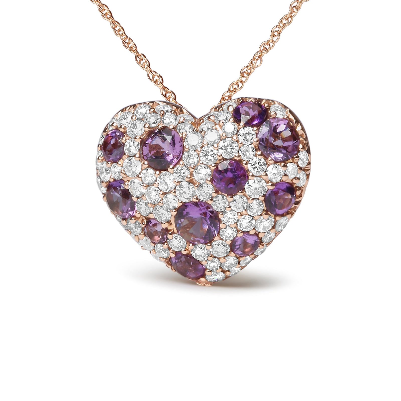 18K Rose Gold 3/4 Cttw Diamond and Purple Amethyst Cluster Heart Shape 18" Pendant Necklace (G-H Color, SI1-SI2 Clarity) - LinkagejewelrydesignLinkagejewelrydesign