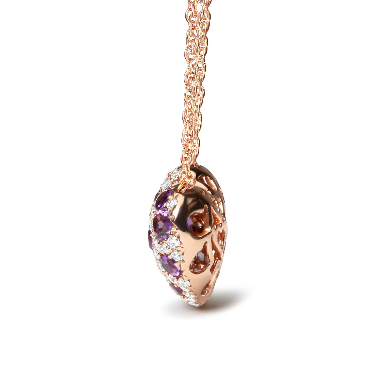 18K Rose Gold 3/4 Cttw Diamond and Purple Amethyst Cluster Heart Shape 18&quot; Pendant Necklace (G-H Color, SI1-SI2 Clarity) - LinkagejewelrydesignLinkagejewelrydesign