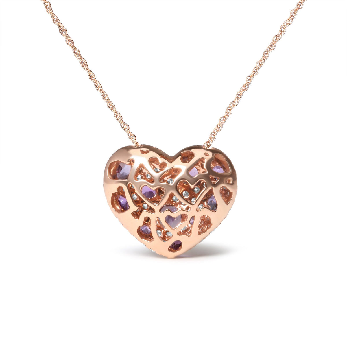 18K Rose Gold 3/4 Cttw Diamond and Purple Amethyst Cluster Heart Shape 18&quot; Pendant Necklace (G-H Color, SI1-SI2 Clarity) - LinkagejewelrydesignLinkagejewelrydesign