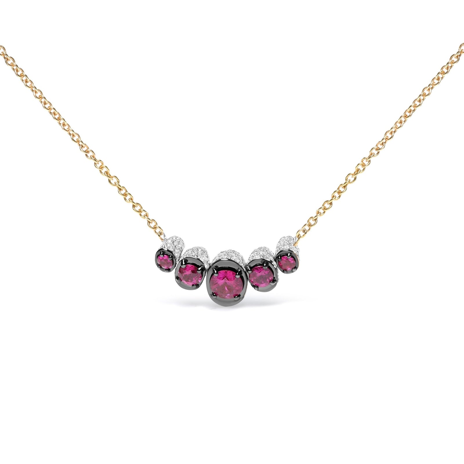18K Rose Gold 3/4 Cttw Pave Diamonds and Graduated Red Ruby Gemstone Curved Bar Choker Necklace (G-H Color, SI1-SI2 Clarity) - Adjustable up to 14" - 16.5" - LinkagejewelrydesignLinkagejewelrydesign