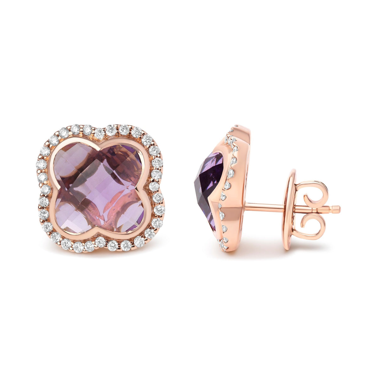 18K Rose Gold 3/8 Cttw Diamond and 11x11mm Clover-Cut Purple Amethyst Gemstone Clover Halo Stud Earrings (G-H Color, SI1-SI2 Clarity) - LinkagejewelrydesignLinkagejewelrydesign