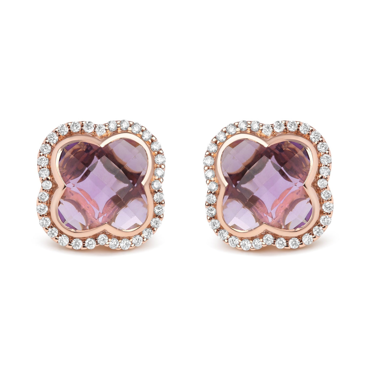 18K Rose Gold 3/8 Cttw Diamond and 11x11mm Clover-Cut Purple Amethyst Gemstone Clover Halo Stud Earrings (G-H Color, SI1-SI2 Clarity) - LinkagejewelrydesignLinkagejewelrydesign