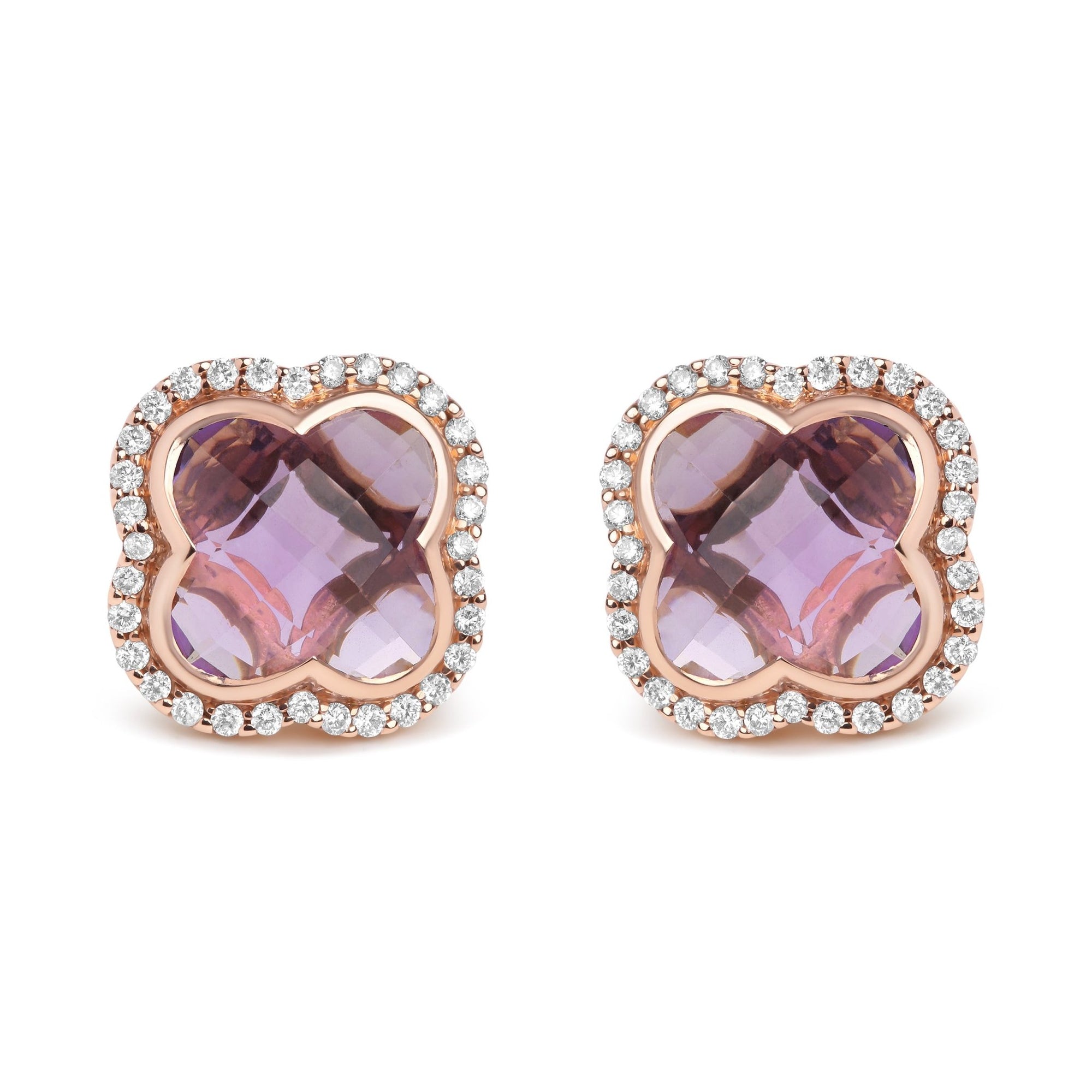 18K Rose Gold 3/8 Cttw Diamond and 11x11mm Clover-Cut Purple Amethyst Gemstone Clover Halo Stud Earrings (G-H Color, SI1-SI2 Clarity) - LinkagejewelrydesignLinkagejewelrydesign