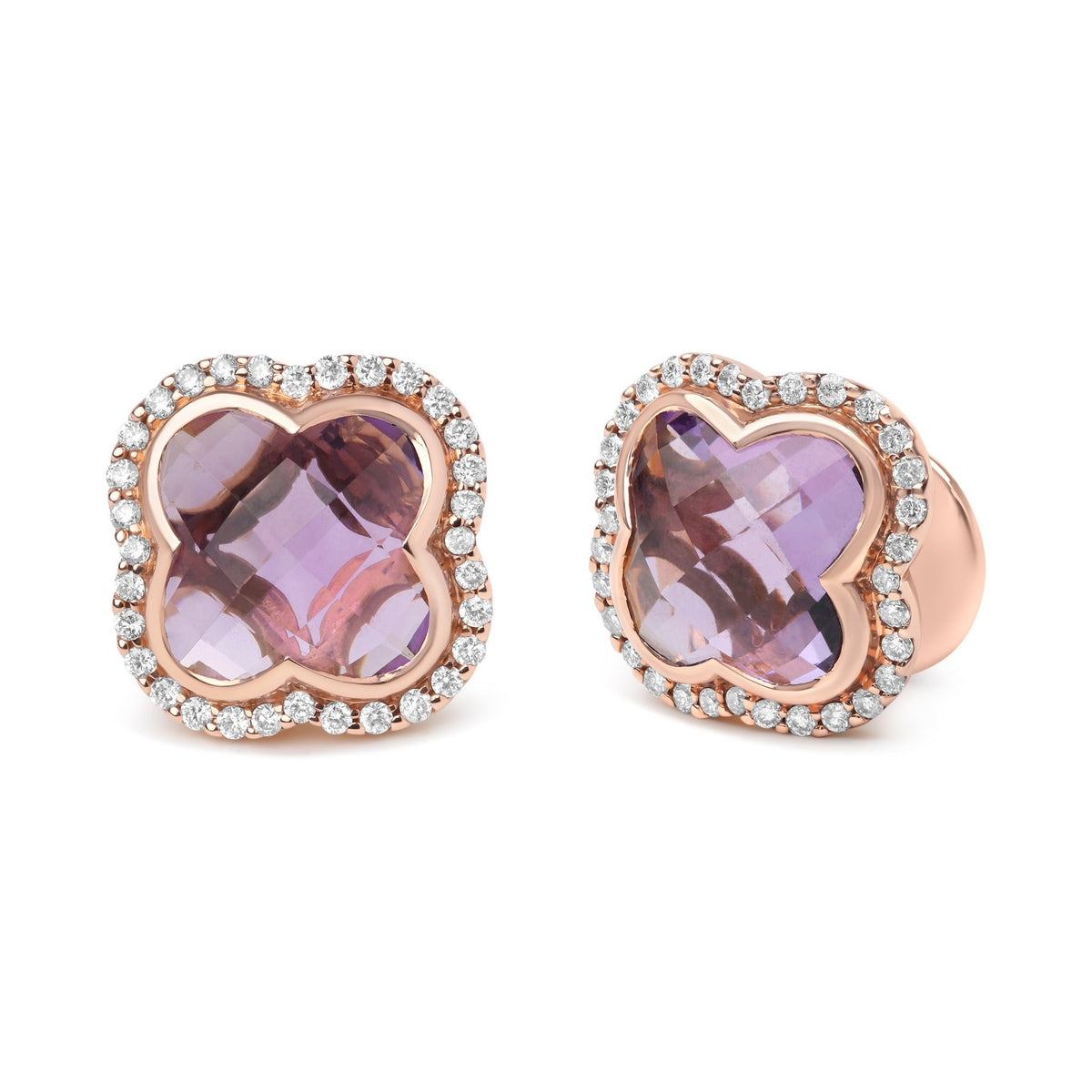 18K Rose Gold 3/8 Cttw Diamond and 11x11mm Clover-Cut Purple Amethyst Gemstone Clover Halo Stud Earrings (G-H Color, SI1-SI2 Clarity) - LinkagejewelrydesignLinkagejewelrydesign