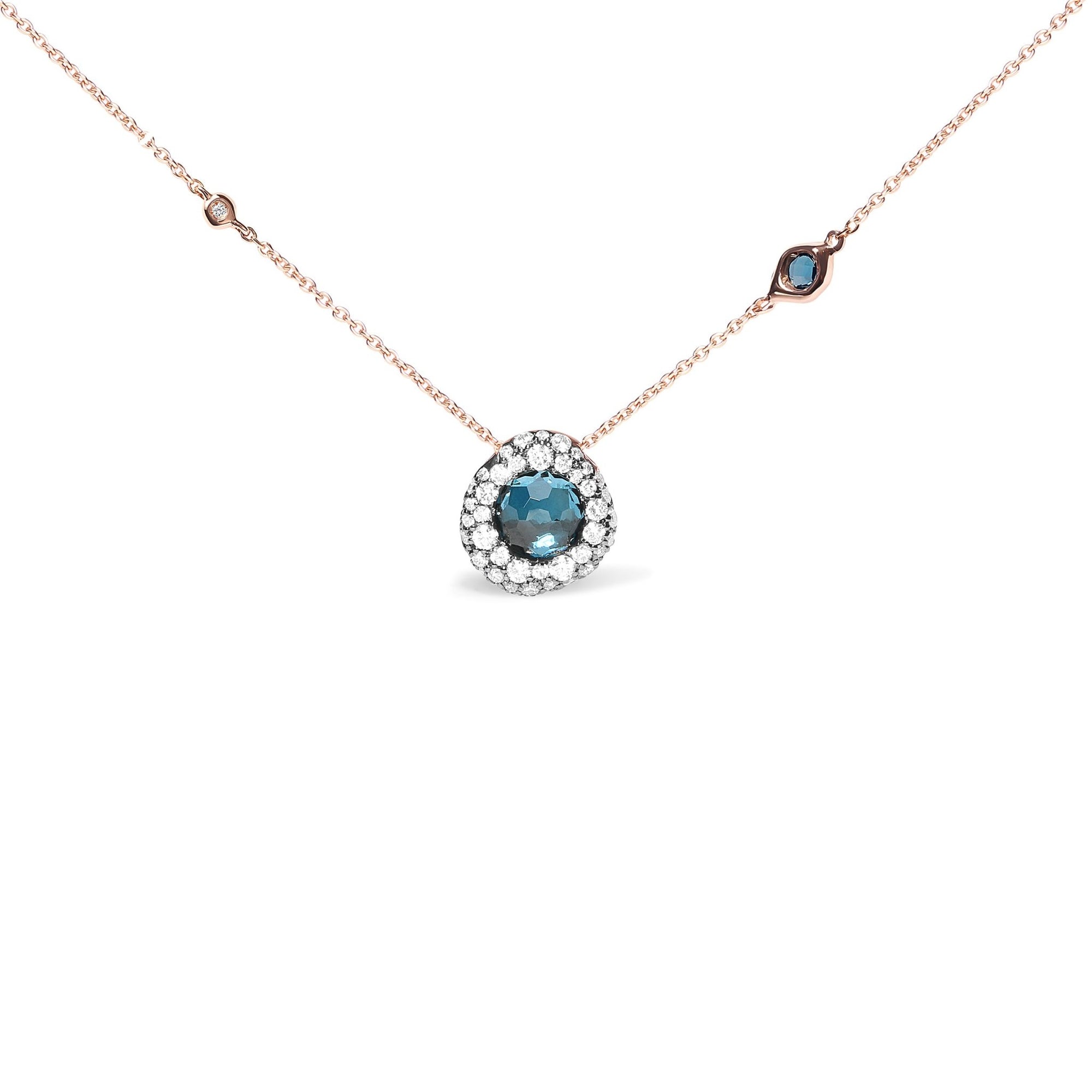 18K Rose Gold 5/8 Cttw Diamond and London Blue Topaz Gemstone Bezel-Set Cluster 18" Station Necklace (G-H Color, SI1-SI2 Clarity) - Adjustable up to 16" - 18" - LinkagejewelrydesignLinkagejewelrydesign