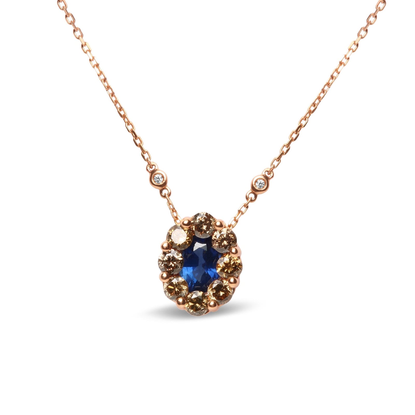 18K Rose Gold 5/8 Cttw White and Brown Diamond Accent and 7 x 4mm Oval Blue Sapphire Gemstone Statement Halo Cluster Pendant Necklace (Brown and G-H Color, SI1-SI2 Clarity) - Adjustable up to 16" - 18" - LinkagejewelrydesignLinkagejewelrydesign