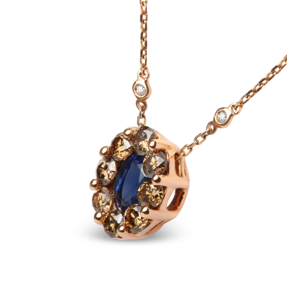 18K Rose Gold 5/8 Cttw White and Brown Diamond Accent and 7 x 4mm Oval Blue Sapphire Gemstone Statement Halo Cluster Pendant Necklace (Brown and G-H Color, SI1-SI2 Clarity) - Adjustable up to 16&quot; - 18&quot; - LinkagejewelrydesignLinkagejewelrydesign