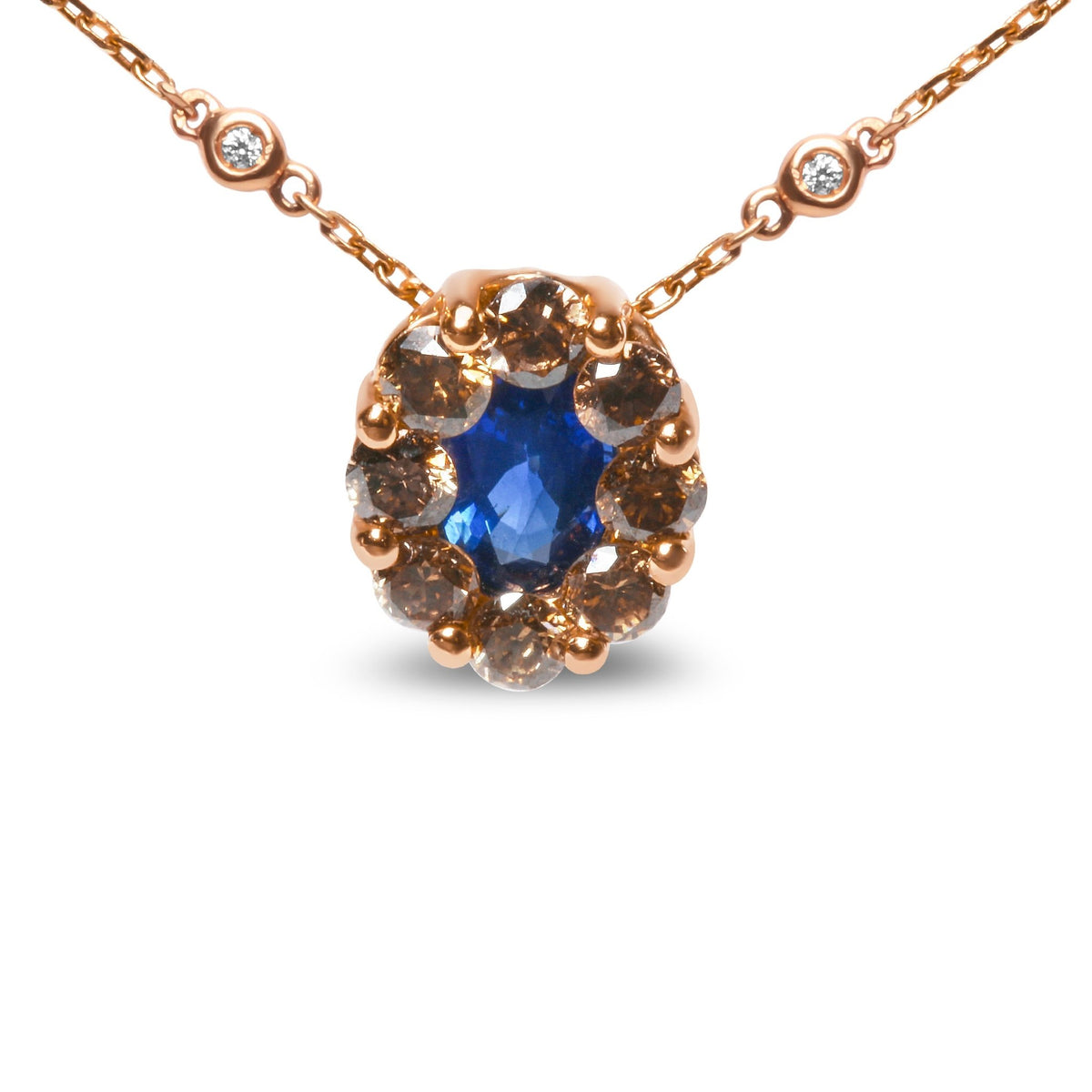 18K Rose Gold 5/8 Cttw White and Brown Diamond Accent and 7 x 4mm Oval Blue Sapphire Gemstone Statement Halo Cluster Pendant Necklace (Brown and G-H Color, SI1-SI2 Clarity) - Adjustable up to 16&quot; - 18&quot; - LinkagejewelrydesignLinkagejewelrydesign