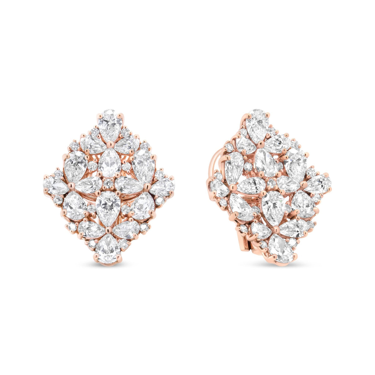 18K Rose Gold 8 1/3 Cttw Pear and Round Diamond Floral Cluster Omega Earrings (F-G Color, VS1-VS2 Clarity) - LinkagejewelrydesignLinkagejewelrydesign