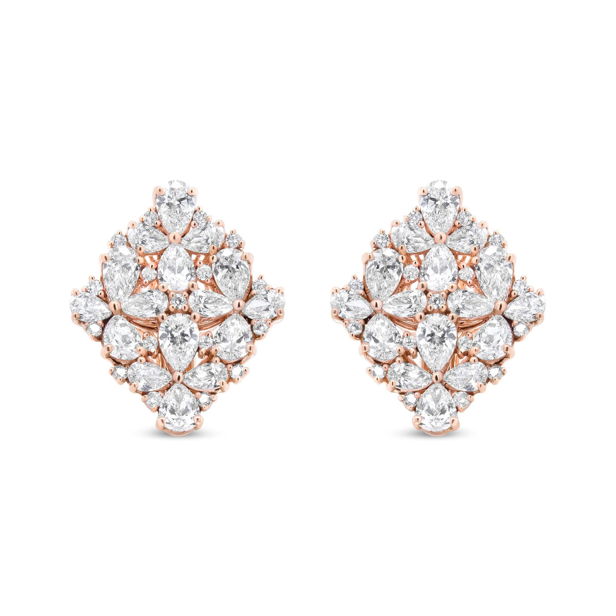 18K Rose Gold 8 1/3 Cttw Pear and Round Diamond Floral Cluster Omega Earrings (F-G Color, VS1-VS2 Clarity) - LinkagejewelrydesignLinkagejewelrydesign