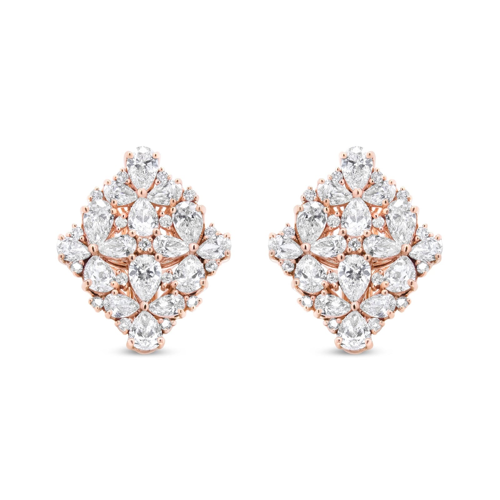 18K Rose Gold 8 1/3 Cttw Pear and Round Diamond Floral Cluster Omega Earrings (F-G Color, VS1-VS2 Clarity) - LinkagejewelrydesignLinkagejewelrydesign