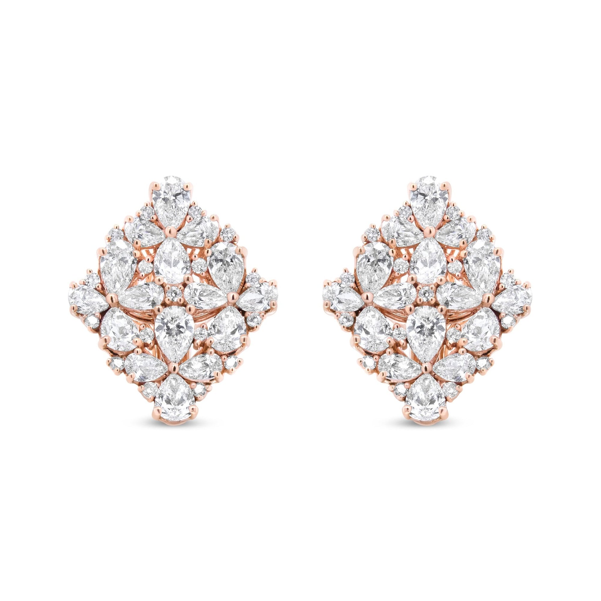 18K Rose Gold 8 1/3 Cttw Pear and Round Diamond Floral Cluster Omega Earrings (F-G Color, VS1-VS2 Clarity) - LinkagejewelrydesignLinkagejewelrydesign
