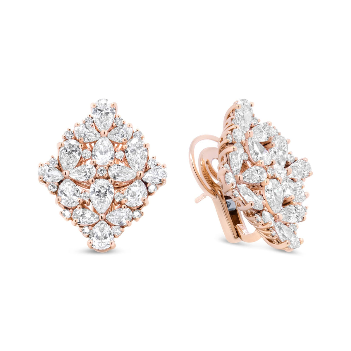 18K Rose Gold 8 1/3 Cttw Pear and Round Diamond Floral Cluster Omega Earrings (F-G Color, VS1-VS2 Clarity) - LinkagejewelrydesignLinkagejewelrydesign