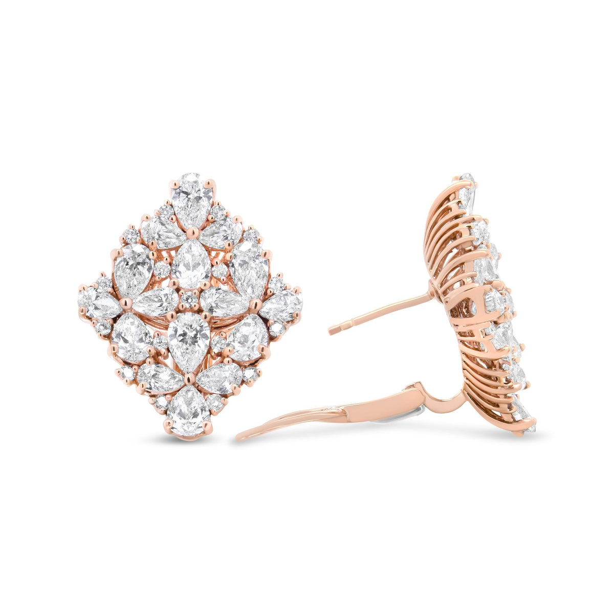 18K Rose Gold 8 1/3 Cttw Pear and Round Diamond Floral Cluster Omega Earrings (F-G Color, VS1-VS2 Clarity) - LinkagejewelrydesignLinkagejewelrydesign