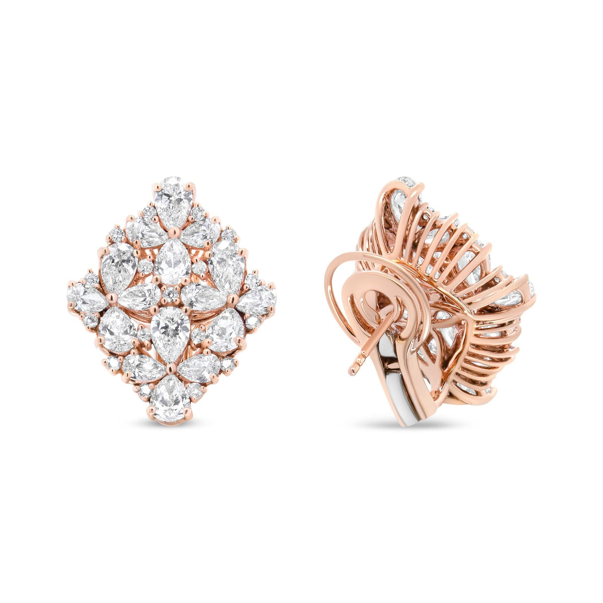 18K Rose Gold 8 1/3 Cttw Pear and Round Diamond Floral Cluster Omega Earrings (F-G Color, VS1-VS2 Clarity) - LinkagejewelrydesignLinkagejewelrydesign