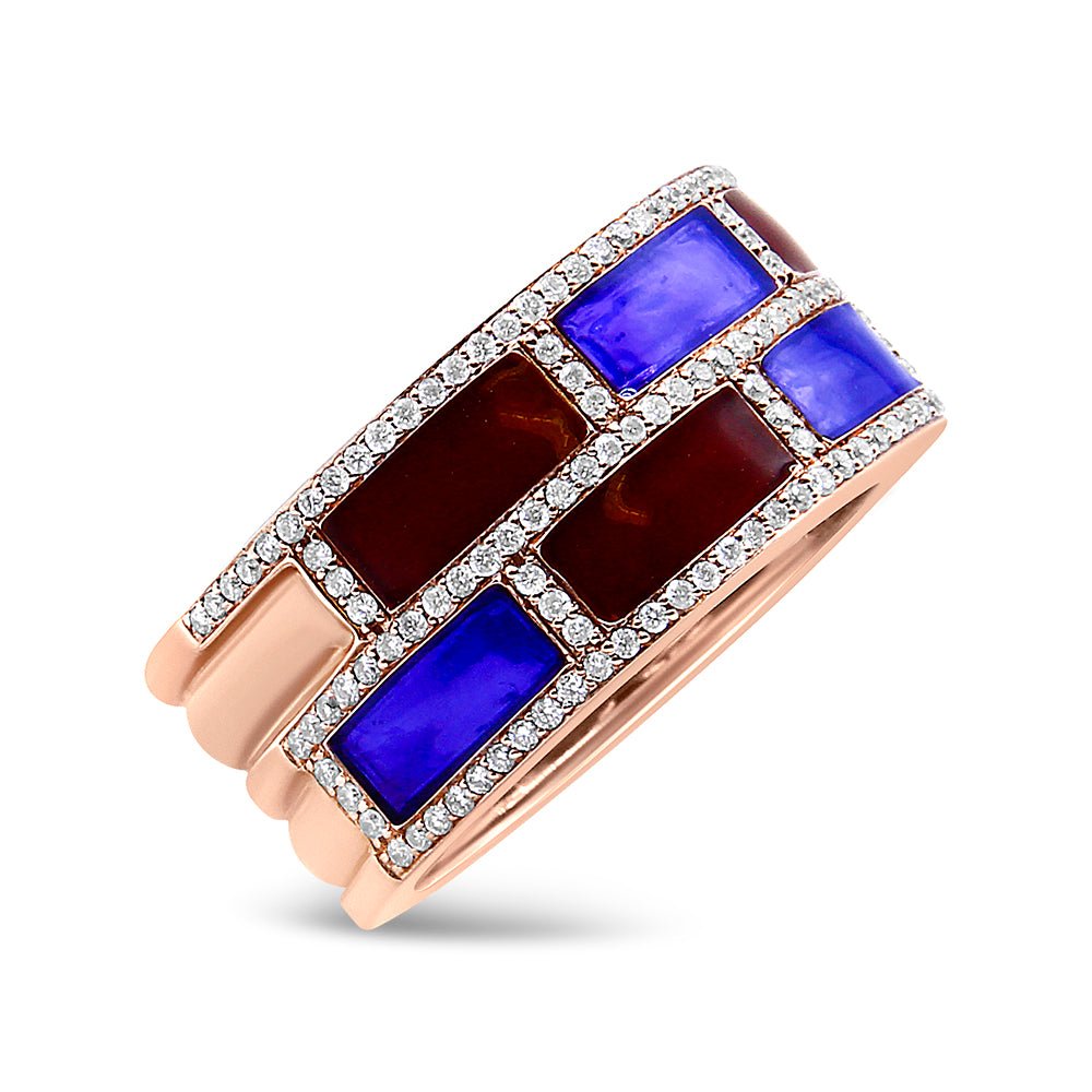 18K Rose Gold Alternating Red and Blue Enamel and 1/2 Cttw Diamond Studded Band Ring (F-G Color, VS1-VS2 Clarity) - Ring Size 7 - LinkagejewelrydesignLinkagejewelrydesign