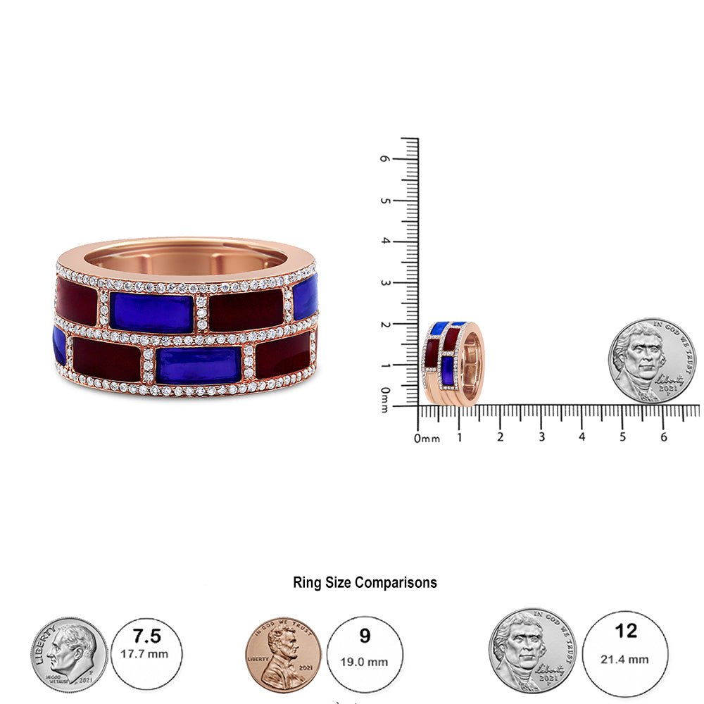 18K Rose Gold Alternating Red and Blue Enamel and 1/2 Cttw Diamond Studded Band Ring (F-G Color, VS1-VS2 Clarity) - Ring Size 7 - LinkagejewelrydesignLinkagejewelrydesign