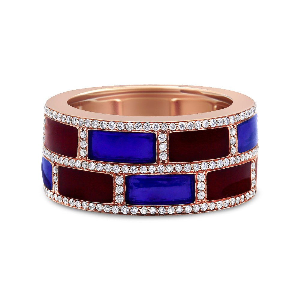 18K Rose Gold Alternating Red and Blue Enamel and 1/2 Cttw Diamond Studded Band Ring (F-G Color, VS1-VS2 Clarity) - Ring Size 7 - LinkagejewelrydesignLinkagejewelrydesign