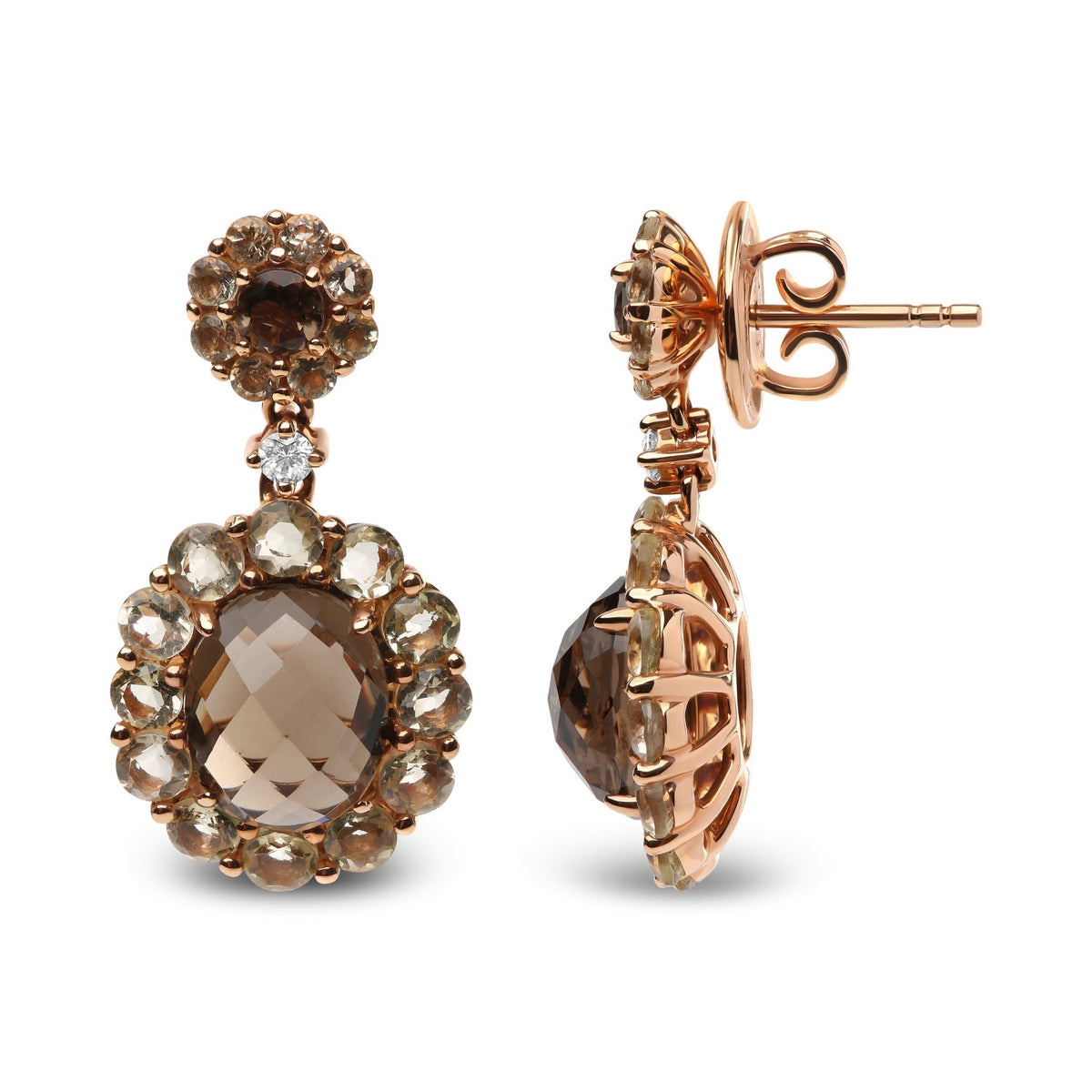 18K Rose Gold Diamond Accent and Lemon and Oval Smoky Color Quartz Gemstone Dangle Drop Earring (G-H Color, SI1-SI2 Clarity) - LinkagejewelrydesignLinkagejewelrydesign