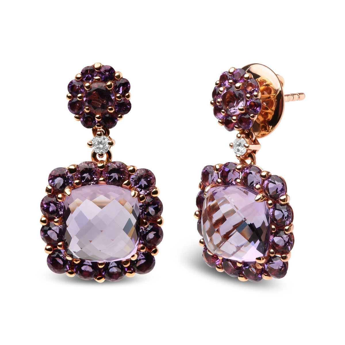 18K Rose Gold Diamond Accent and Pink and Purple Amethyst Gemstone Halo Dangle Drop Earrings (G-H Color, SI1-SI2 Clarity) - LinkagejewelrydesignLinkagejewelrydesign