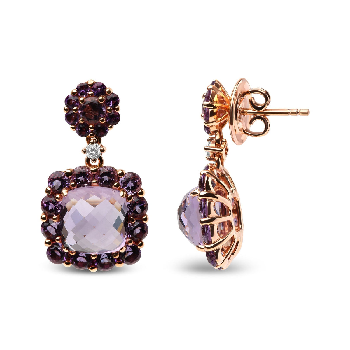 18K Rose Gold Diamond Accent and Pink and Purple Amethyst Gemstone Halo Dangle Drop Earrings (G-H Color, SI1-SI2 Clarity) - LinkagejewelrydesignLinkagejewelrydesign