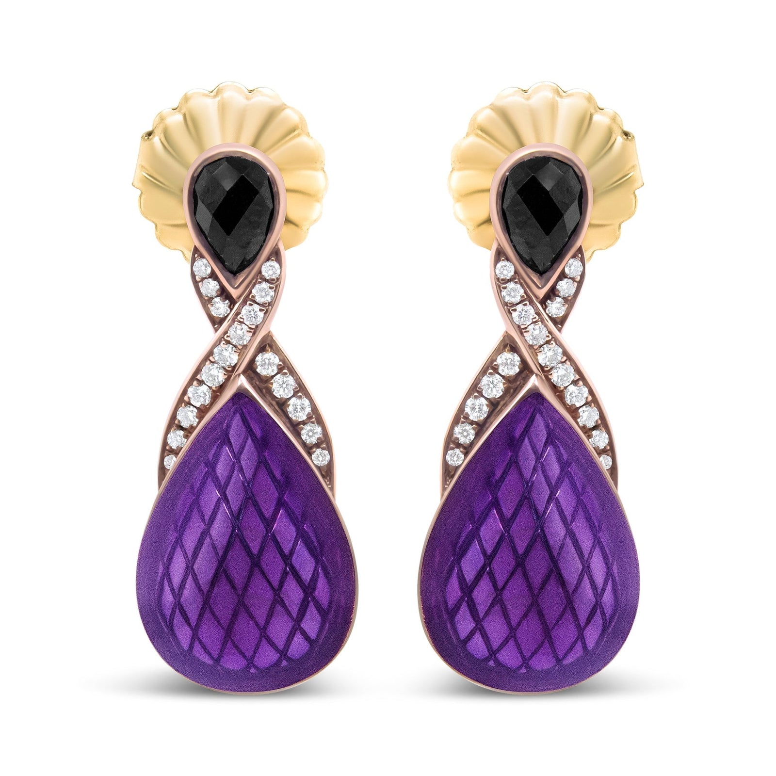 18K Rose Gold Flash Plated .925 Sterling Silver Purple Enamel 1/5 Cttw Round Pave-Set Diamond and 5.5 x 4mm Pear-Shaped Black Onyx Drop Earrings (F-G Color, VS1-VS2 Clarity) - LinkagejewelrydesignLinkagejewelrydesign