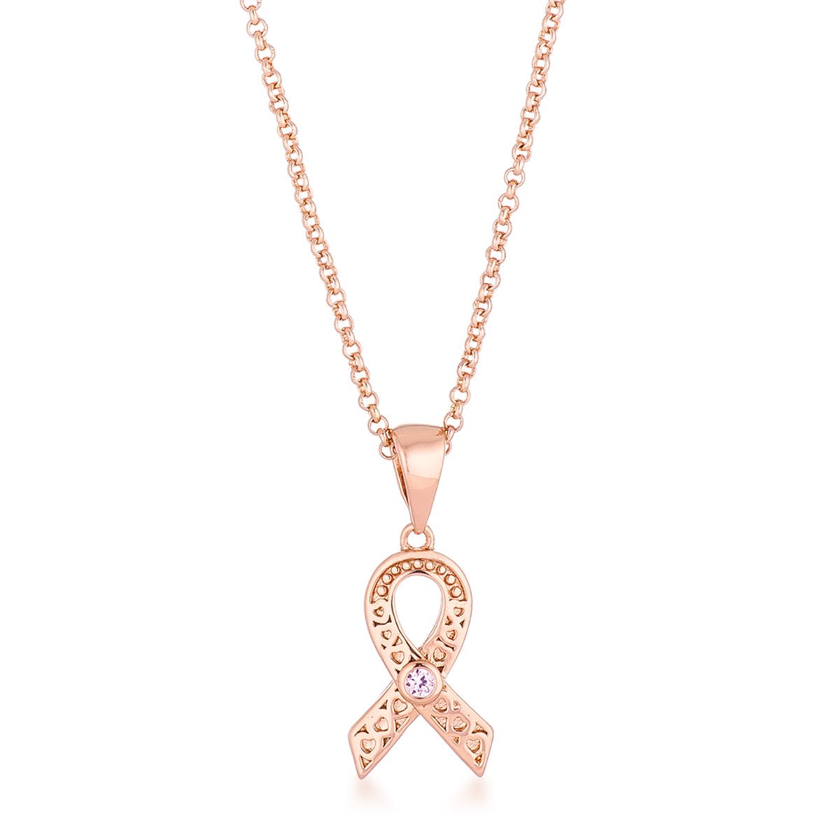 18k Rose Gold Plated Heart Filigree Breast Cancer Awareness Ribbon Pendant - LinkagejewelrydesignLinkagejewelrydesign