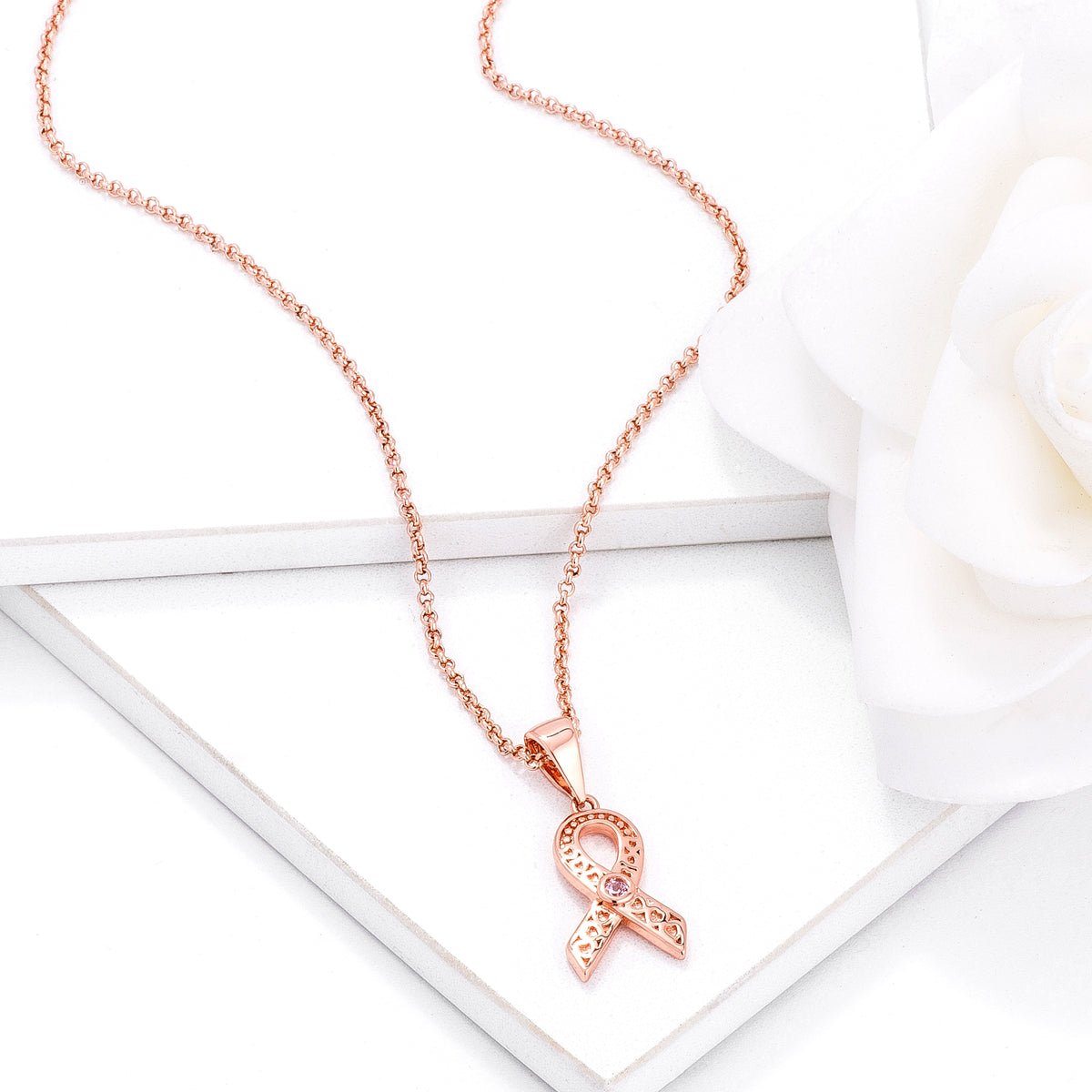 18k Rose Gold Plated Heart Filigree Breast Cancer Awareness Ribbon Pendant - LinkagejewelrydesignLinkagejewelrydesign