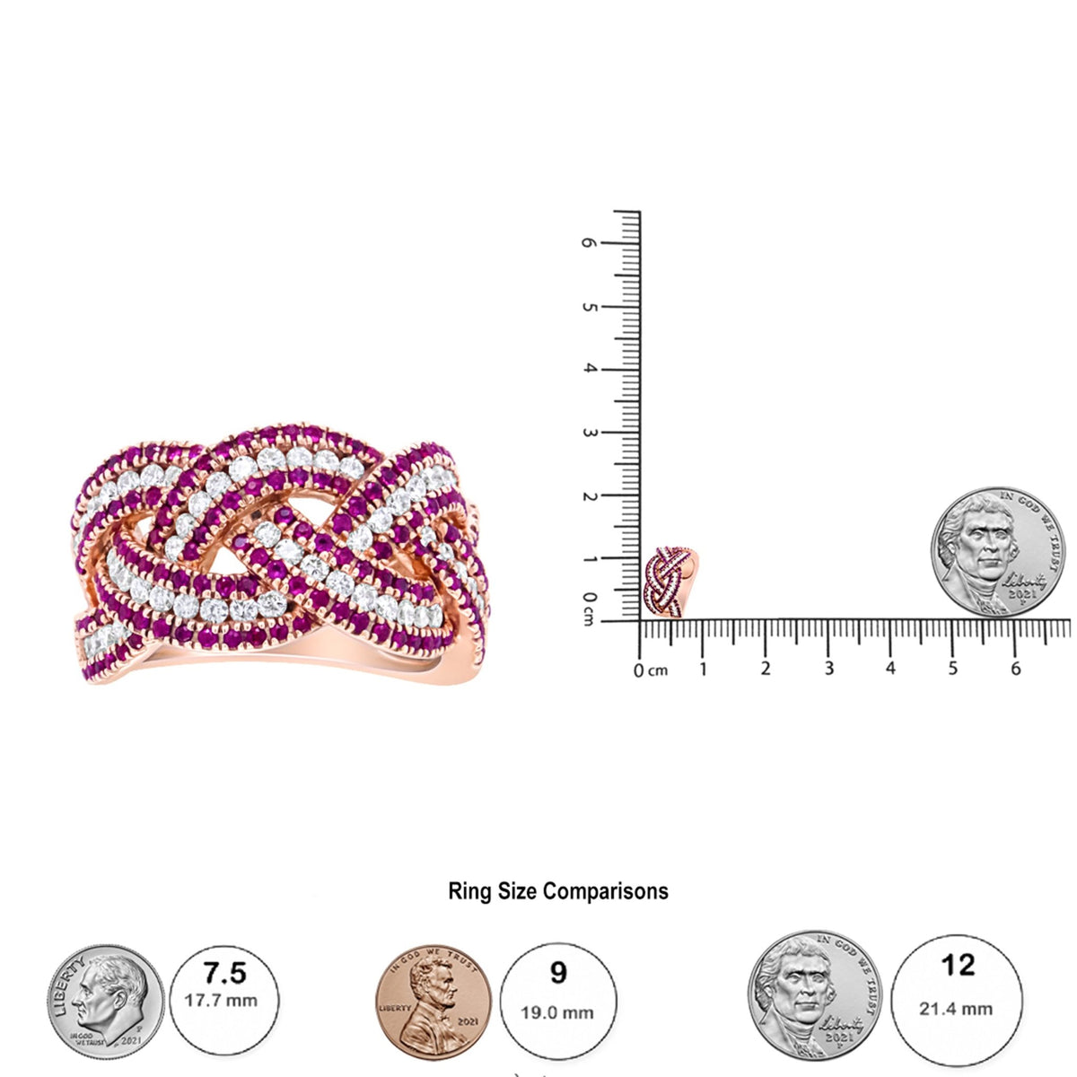 18K Rose Gold Red Ruby and 7/8 Cttw Diamond Woven Braided Band Ring (F-G Color, VS1-VS2 Clarity) - Ring Size 7 - LinkagejewelrydesignLinkagejewelrydesign