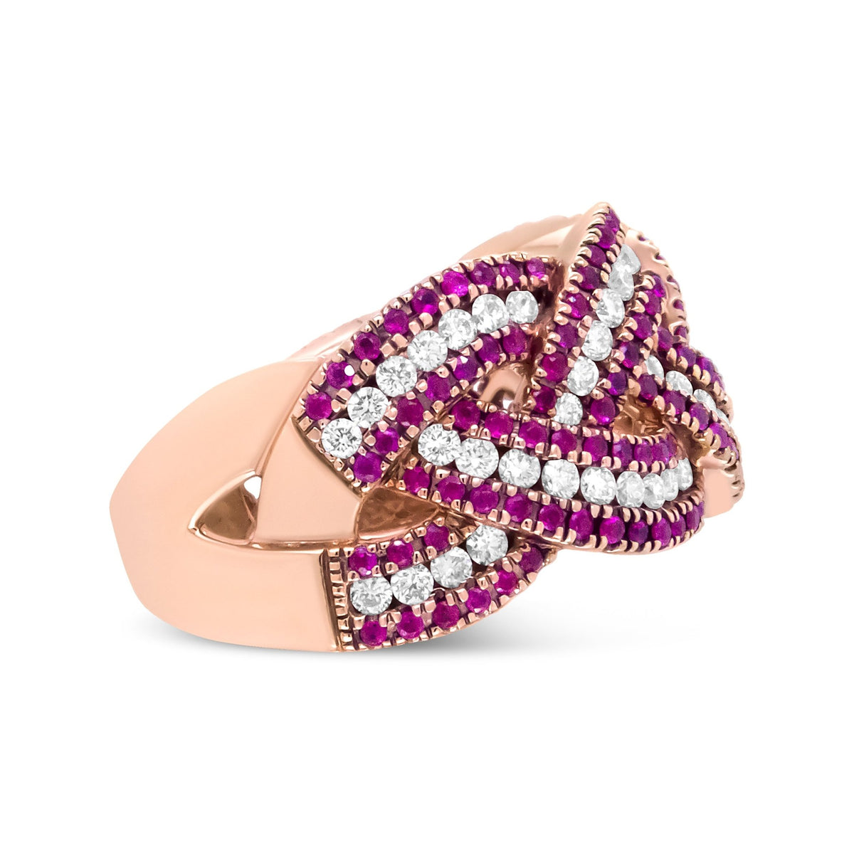 18K Rose Gold Red Ruby and 7/8 Cttw Diamond Woven Braided Band Ring (F-G Color, VS1-VS2 Clarity) - Ring Size 7 - LinkagejewelrydesignLinkagejewelrydesign