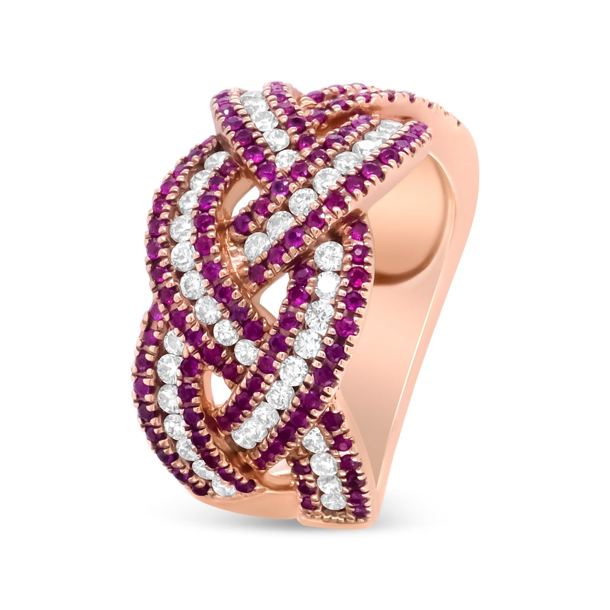 18K Rose Gold Red Ruby and 7/8 Cttw Diamond Woven Braided Band Ring (F-G Color, VS1-VS2 Clarity) - Ring Size 7 - LinkagejewelrydesignLinkagejewelrydesign