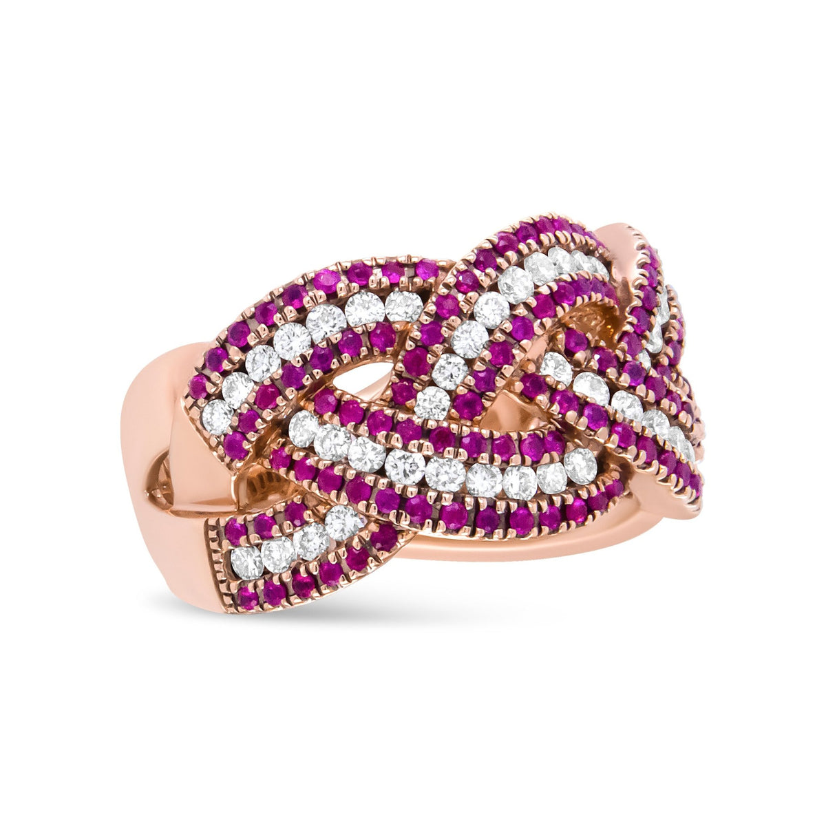 18K Rose Gold Red Ruby and 7/8 Cttw Diamond Woven Braided Band Ring (F-G Color, VS1-VS2 Clarity) - Ring Size 7 - LinkagejewelrydesignLinkagejewelrydesign