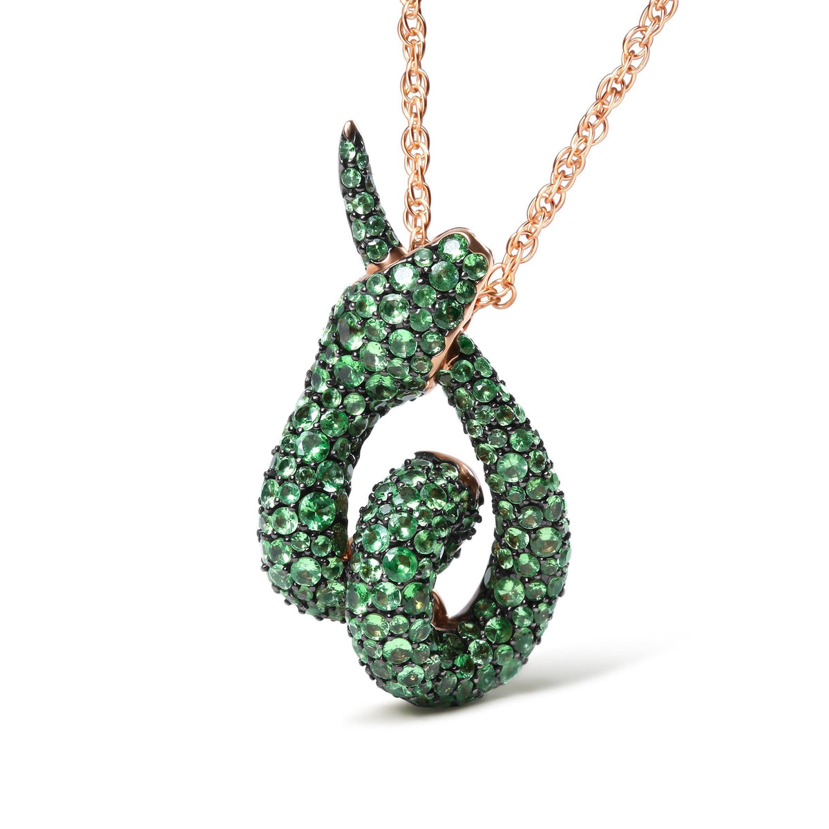 18K Rose Gold Round Green Tsavorite Gemstone Cluster Spiral Snake Design 18&quot; Pendant Necklace (AAA+ Quality) - LinkagejewelrydesignLinkagejewelrydesign