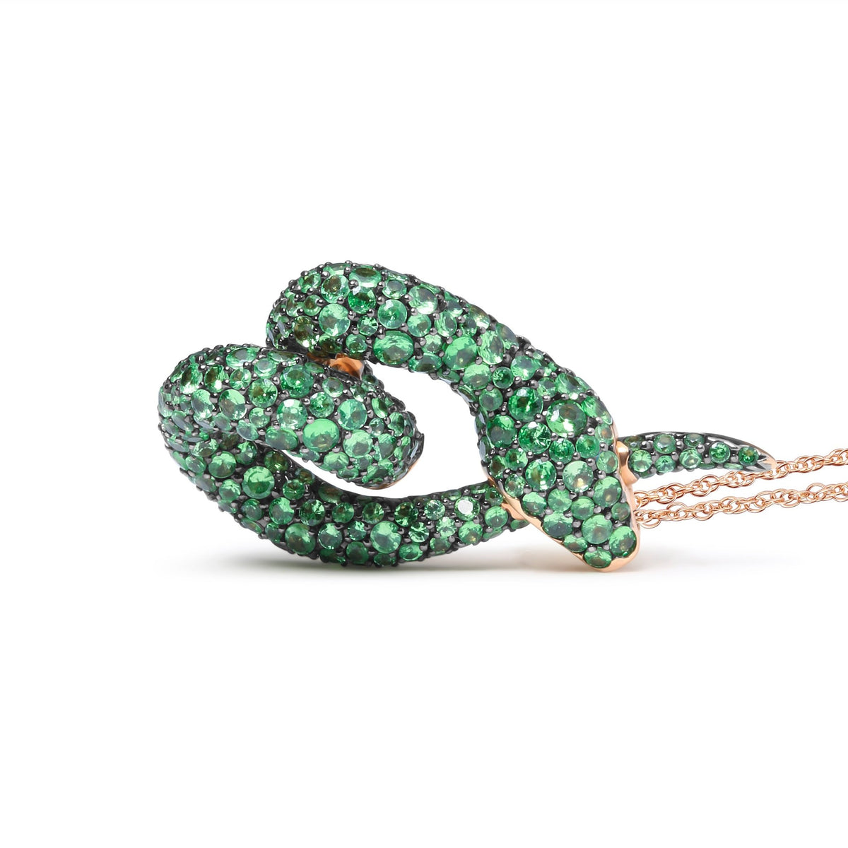 18K Rose Gold Round Green Tsavorite Gemstone Cluster Spiral Snake Design 18&quot; Pendant Necklace (AAA+ Quality) - LinkagejewelrydesignLinkagejewelrydesign