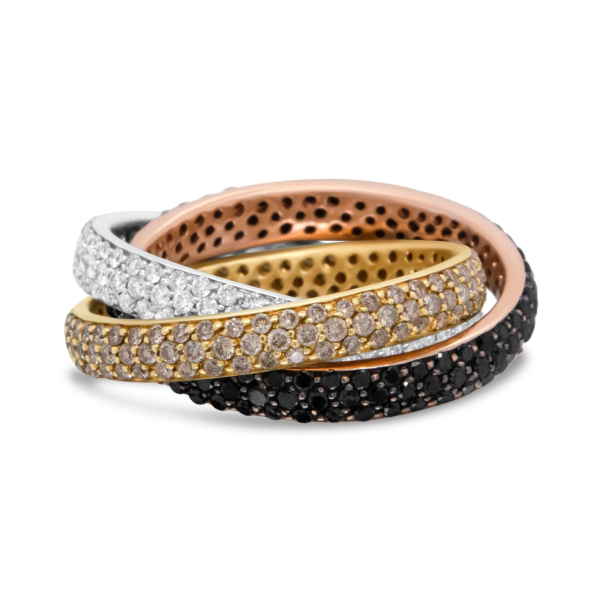 18K Tri-Color Gold 3 5/8 Cttw Diamond Interlocking Stackable Band Ring Set (Champagne, Black, and F-G Color, VS1-VS2 Clarity) - Ring Size 7.5 - LinkagejewelrydesignLinkagejewelrydesign