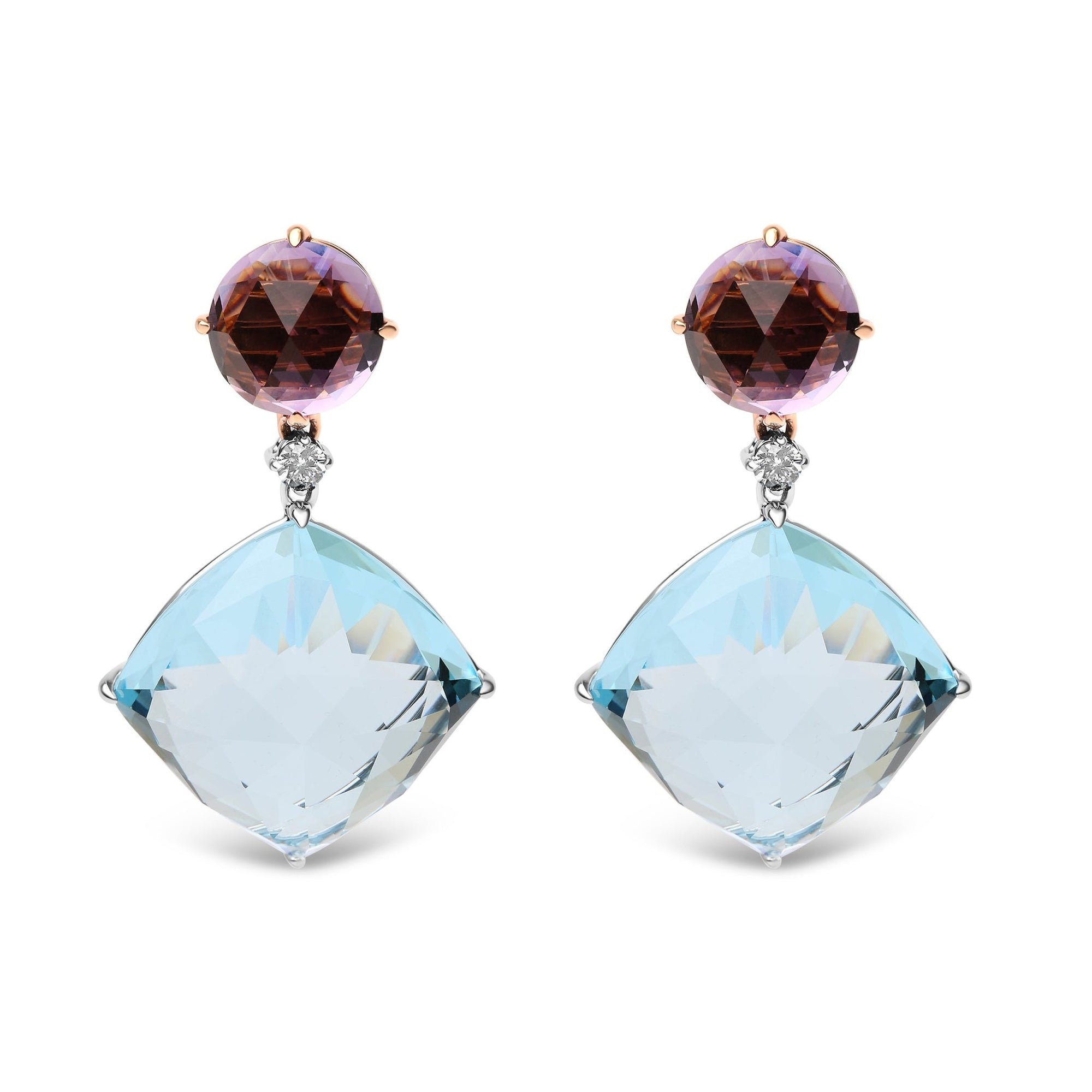 18K White and Rose Gold 1/5 Cttw Diamond with Round Pink Rose De France Amethyst and 25mm Cushion Cut Sky Blue Topaz Gemstone Dangle Earring (G-H Color, SI1-SI2 Clarity) - LinkagejewelrydesignLinkagejewelrydesign