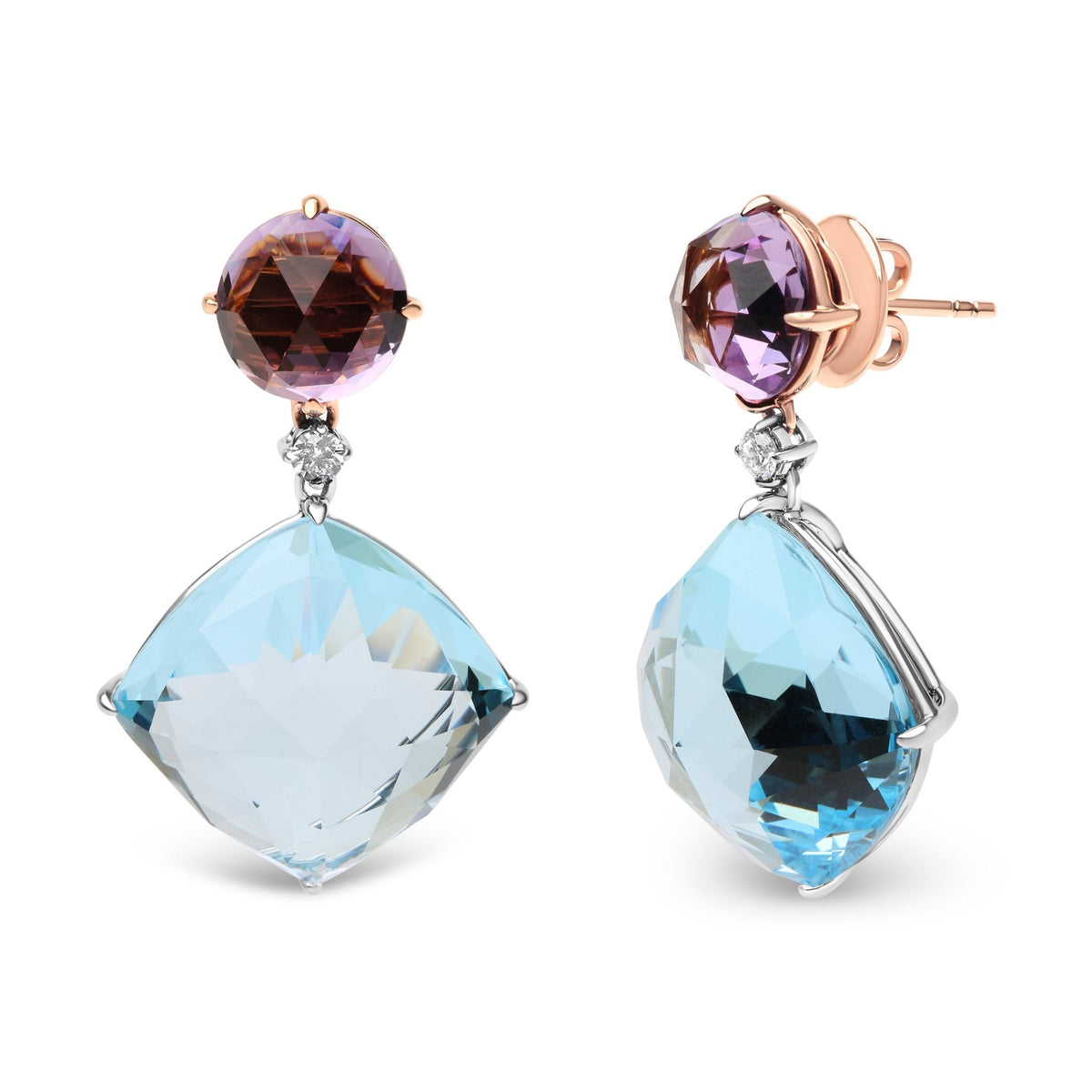 18K White and Rose Gold 1/5 Cttw Diamond with Round Pink Rose De France Amethyst and 25mm Cushion Cut Sky Blue Topaz Gemstone Dangle Earring (G-H Color, SI1-SI2 Clarity) - LinkagejewelrydesignLinkagejewelrydesign