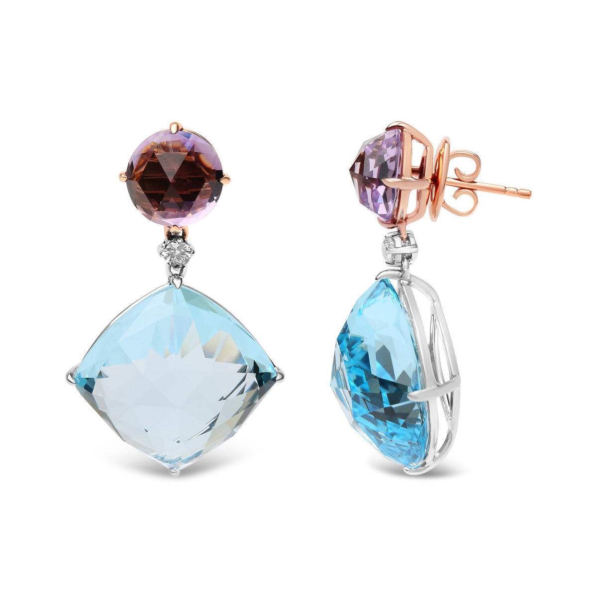 18K White and Rose Gold 1/5 Cttw Diamond with Round Pink Rose De France Amethyst and 25mm Cushion Cut Sky Blue Topaz Gemstone Dangle Earring (G-H Color, SI1-SI2 Clarity) - LinkagejewelrydesignLinkagejewelrydesign