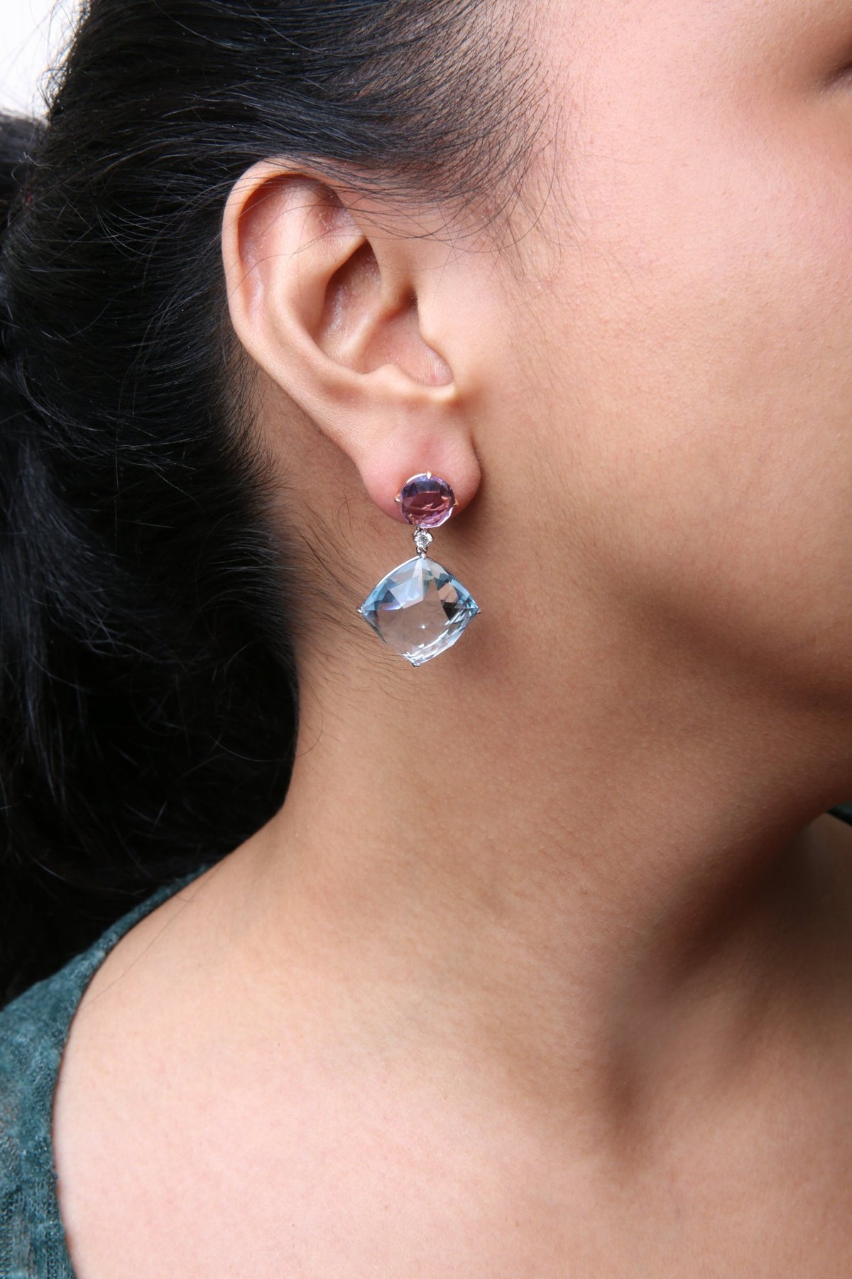 18K White and Rose Gold 1/5 Cttw Diamond with Round Pink Rose De France Amethyst and 25mm Cushion Cut Sky Blue Topaz Gemstone Dangle Earring (G-H Color, SI1-SI2 Clarity) - LinkagejewelrydesignLinkagejewelrydesign