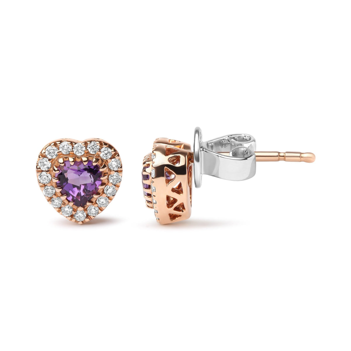 18K White and Rose Gold 1/6 Cttw Diamond and 4mm Heart Cut Purple Amethyst Gemstone Halo Heart Stud Earrings (G-H Color, SI1-SI2 Clarity) - LinkagejewelrydesignLinkagejewelrydesign